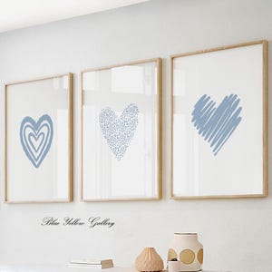 Blue Love Heart Bedroom wall art set of 3 prints, Minimalist Bedroomposter, neutral above bed decor, couple prints. Valentines home decor.