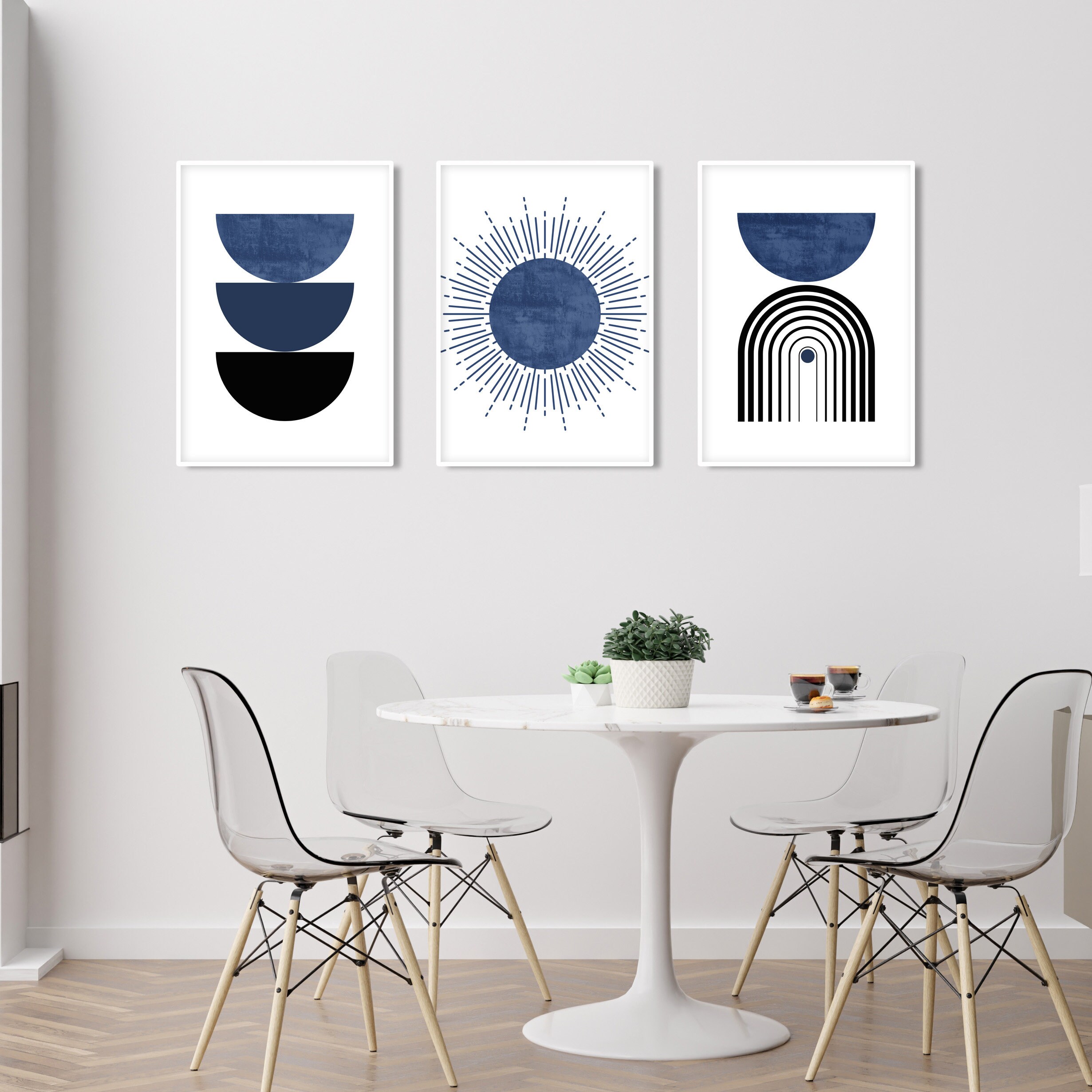 Navy Blue Black Mid Century Modern Wall Art Set of 3 Print. - Etsy