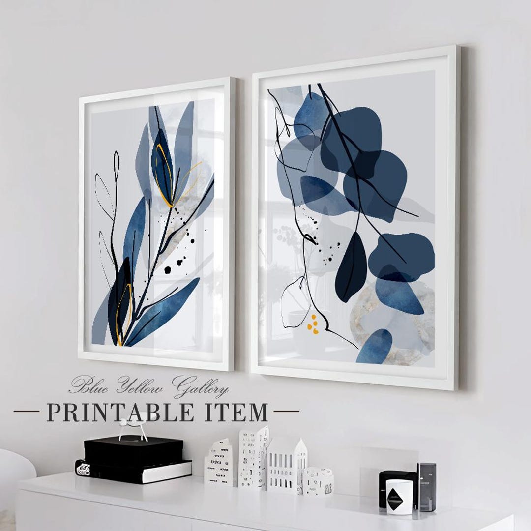 Navy Blue Botanical Wall Art Set of 2 Prints. Indigo Large Abstract ...