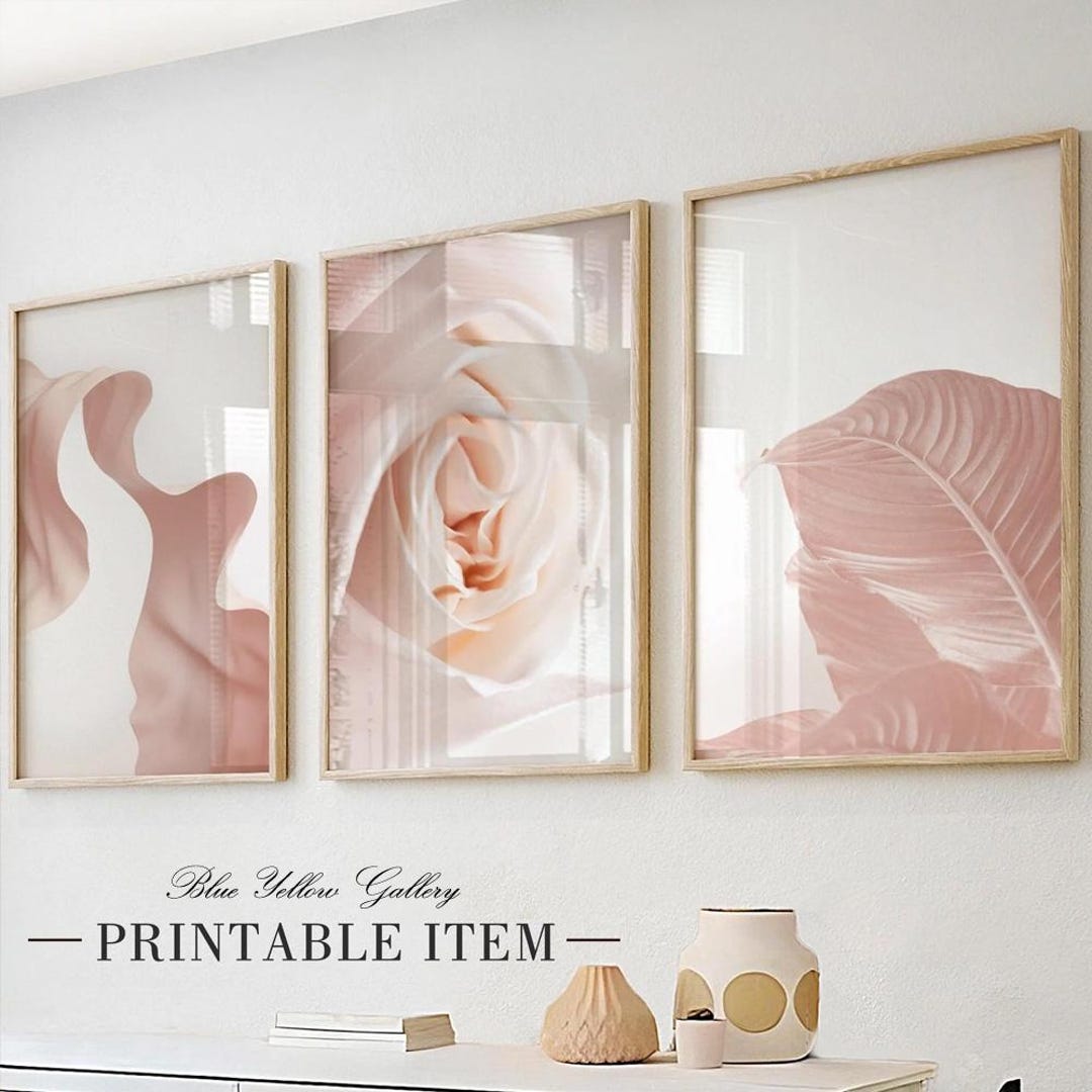 Neutral Botanical Gallery Wall Art Set of 3. Pink Floral Abstract Art ...