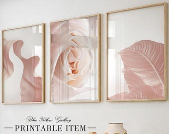 Neutral botanical gallery wall art set of 3. Pink floral abstract art, modern minimalist printable above bed art set