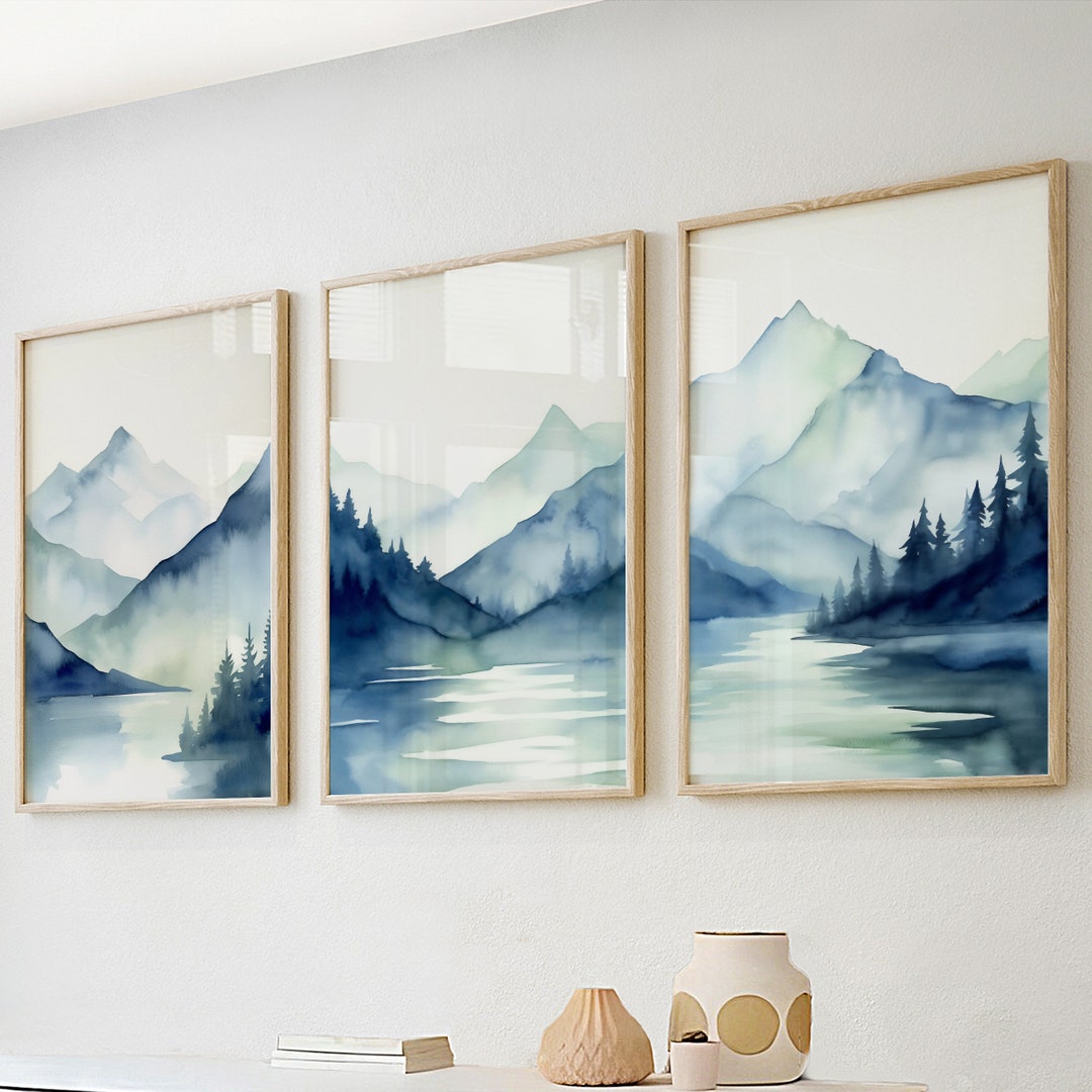 Navy Blue Abstract Mountains Print Set of 3. Mid Century - Etsy