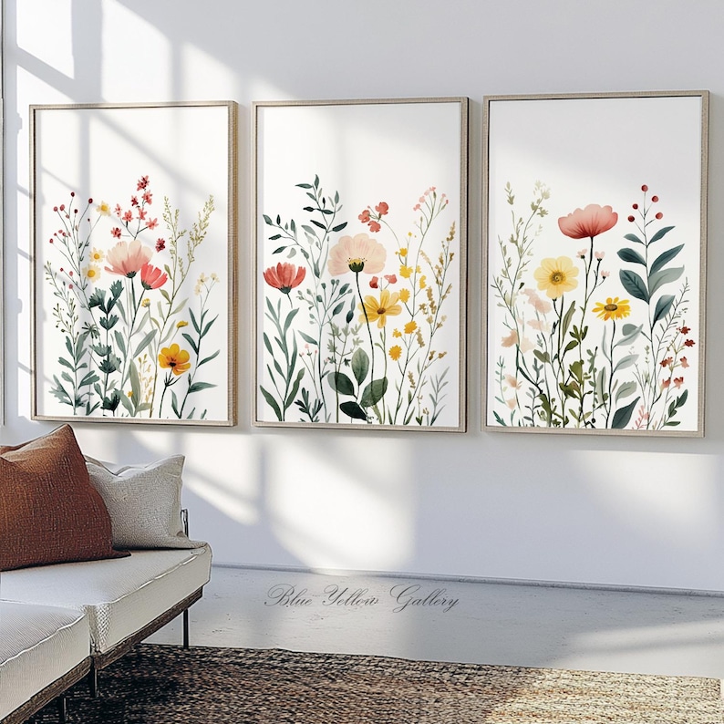 Summer Wildflower Botanical Wall Art Set of 3 Print, Boho Floral Print ...
