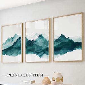 Emerald green abstract mountains gallery wall set of 3 printable art. Minimalist nature room decor, large aesthetic posters bungle