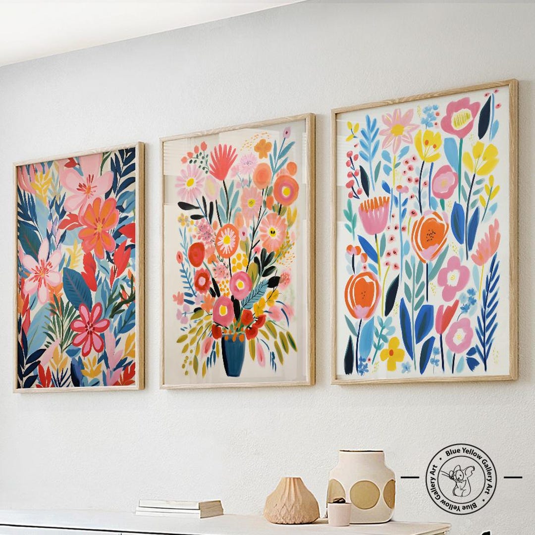 Floral Gallery Wall Art, Mid Century Modern Set of 3 Prints, Retro Wall ...