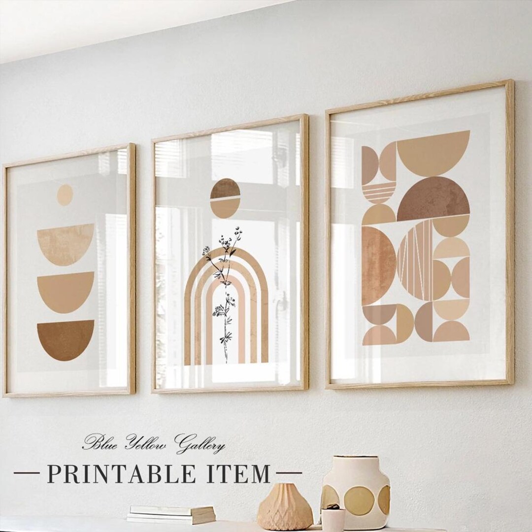 Neutral Mid Century Printable Art Set of 3. Modern Abstract Boho Wall ...