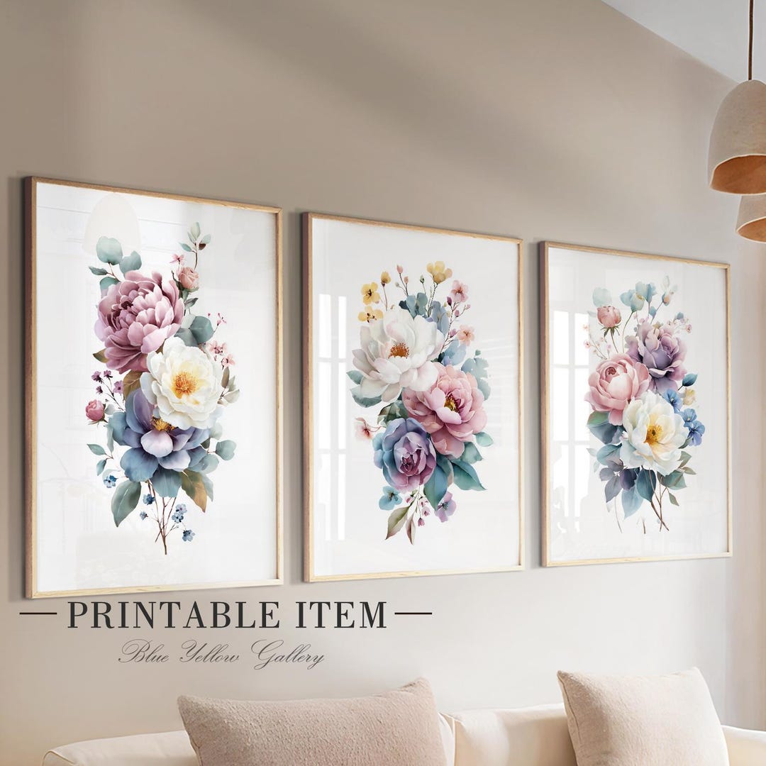 Peony Wall Art Set of 3 Printable, Large Pastel Floral Prints ...