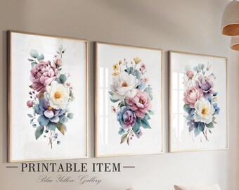 Peony Wall Art Set of 3 Printable, Large Pastel Floral Prints, Botanical Digital Download, Pink Cream Flower Decor, Instant Download