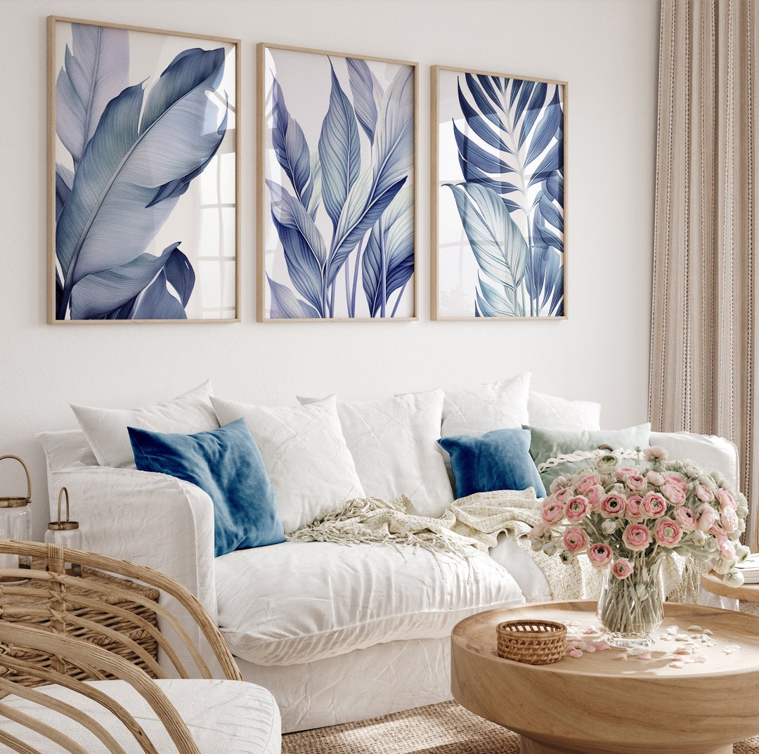 Navy Blue Tropical Palm Leaves Printable Art Set of 3. Modern Botanical ...