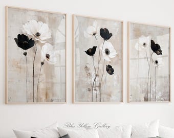 Neutral Floral Wall Art Set of 3 Prints. Black White Flower Posters, Modern Minimalist Botanical Decor, Scandinavian Living Room Wall Art