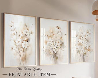 Pastel botanical wall art set of 3 prints. Printable meadow wild flowers wall art. Modern boho rustic gallery wall set, farmhouse decor