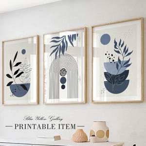 Set di 3 stampe da parete in stile moderno di metà secolo, blu navy. Poster botanici boho. Set da parete con galleria di piante astratte boho sopra il letto.