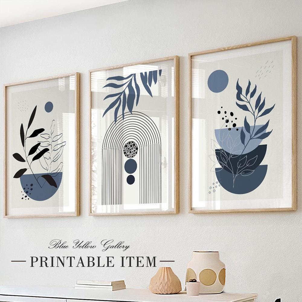 Navy Blue Mid Century Modern Wall Art Set of 3 Print. Bohemian ...