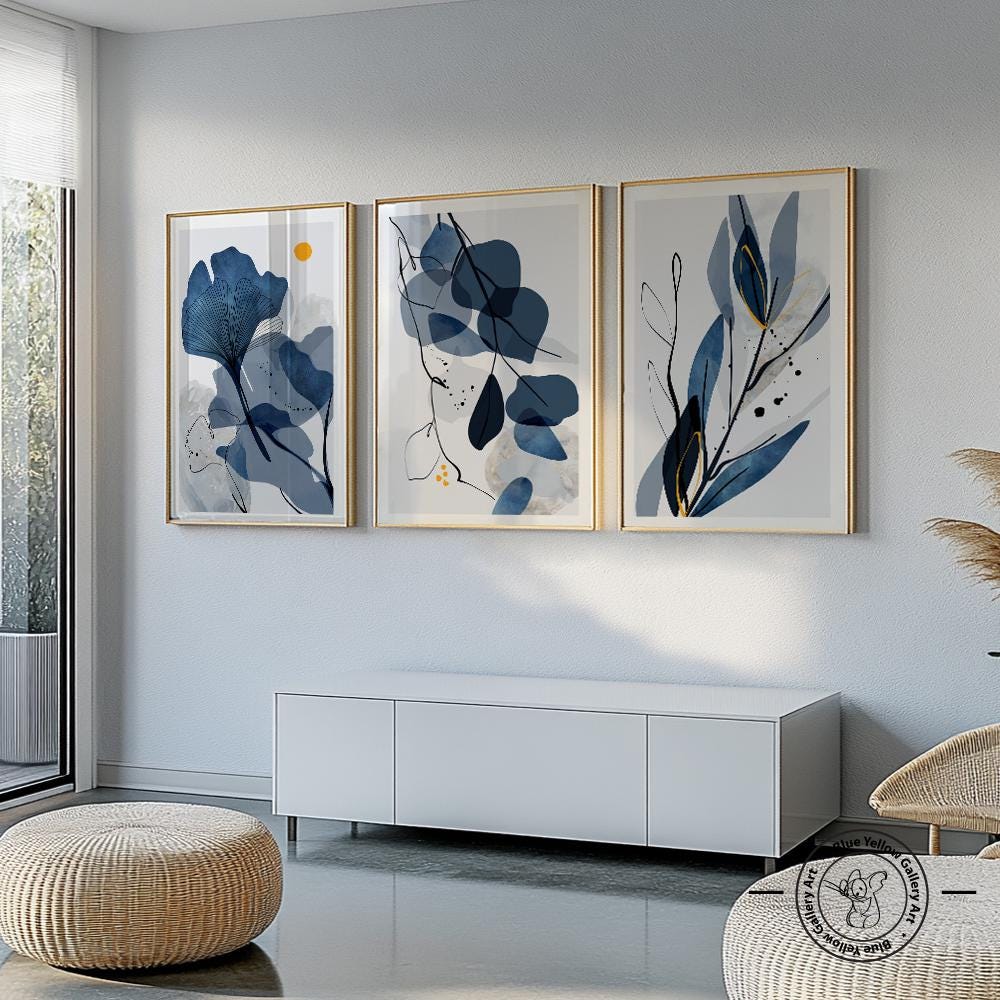 Navy Blue Watercolor Botanical Nordic Printable Art Set of 3. Indigo ...