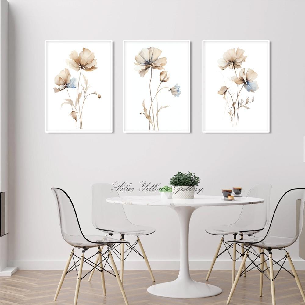 Neutral Beige Floral Wall Art Set of 3 Prints. Nature Farmhouse Willd ...