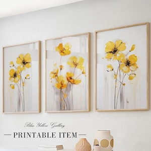 Yellow flowers set of 3 prints. Floral printable gallery wall set, minimalist botanical wall art, mustard abstract wildflowers posters