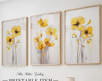Yellow flowers set of 3 prints. Floral printable gallery wall set, minimalist botanical wall art, mustard abstract wildflowers posters