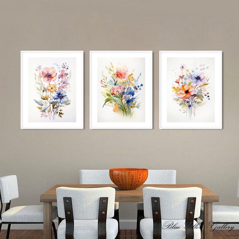 Colorful Wildflower Art Set of 3, Watercolor Flowers, Bright Floral ...