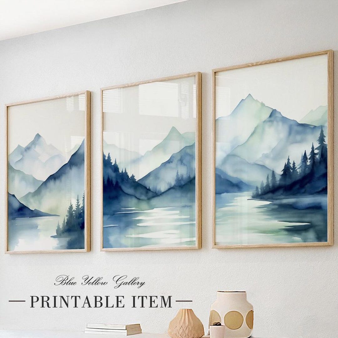 Navy Blue Abstract Mountains Print Set of 3. Mid Century Modern ...