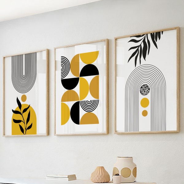 Mustard yellow black mid century modern abstract wall art set of 3 prints. Bohemian minimalist gallery wall set, room decor aesthetic boho