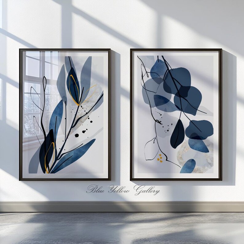 Navy Blue Botanical Printable Art Set of 2. Indigo Large Abstract ...