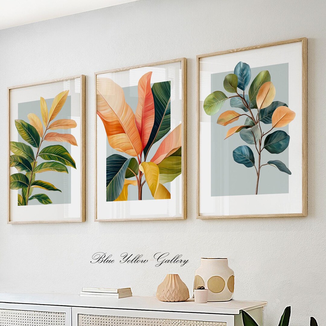 Tropical Leaves Wall Art Set of 3 Prints. Modern Colorful Botanical ...