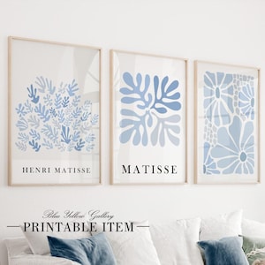 Dusty blue Matisse printtable set of 3. Neutral minimalist mid century gallery wall set, aesthetic room decor Henri Matisse exhibition art
