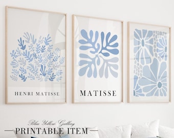 Dusty blue Matisse printtable set of 3. Neutral minimalist mid century gallery wall set, aesthetic room decor Henri Matisse exhibition art