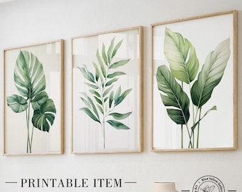 Conjunto de arte para impressão com 3 folhas de palmeira tropical verde. Impressões de arte de parede para galeria de vegetação botânica moderna. Conjunto de arte de parede com natureza.