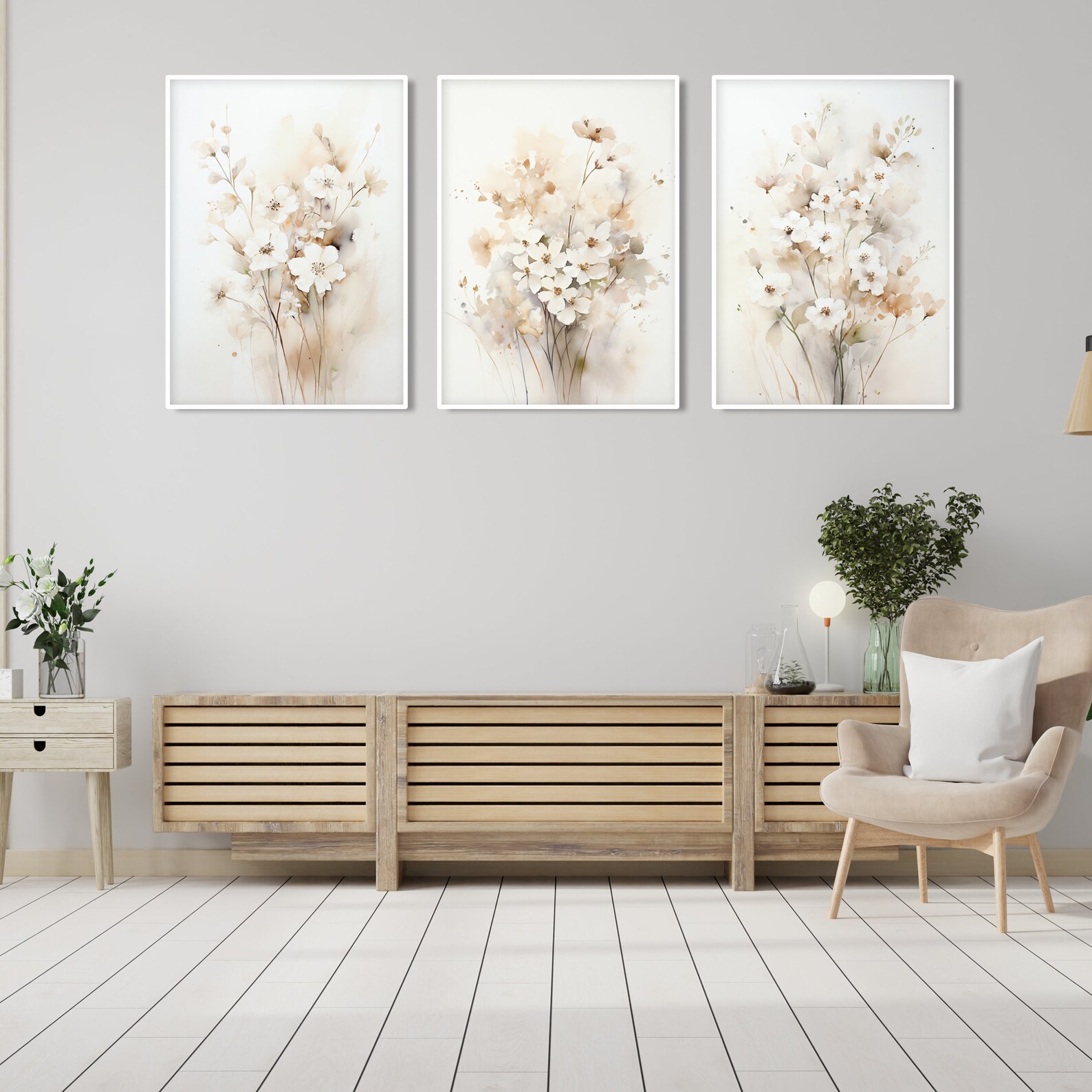 Neutral Beige Floral Wall Art Set of 3 Prints. Nature Willd Etsy