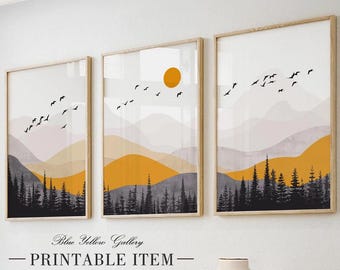 Yellow grey abstract mountains print set of 3. Neutral mid century modern nature minimalist gallery wall set. Boho above bed art