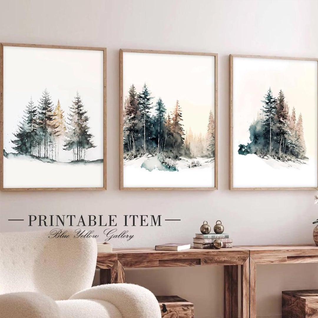 Abstract Nordic Pine Forest Landscape Set of 3 Print. Watercolor Three ...