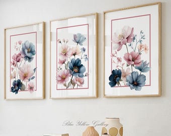 Set of 3 Floral Wall Art Prints, Pink and Blue Botanical Gallery Set, Modern Flower Bedroom Decor