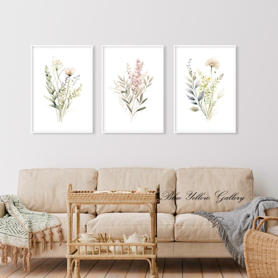 Neutral Wild Flowers Wall Art Set of 3 Prints, Watercolor Botanical ...