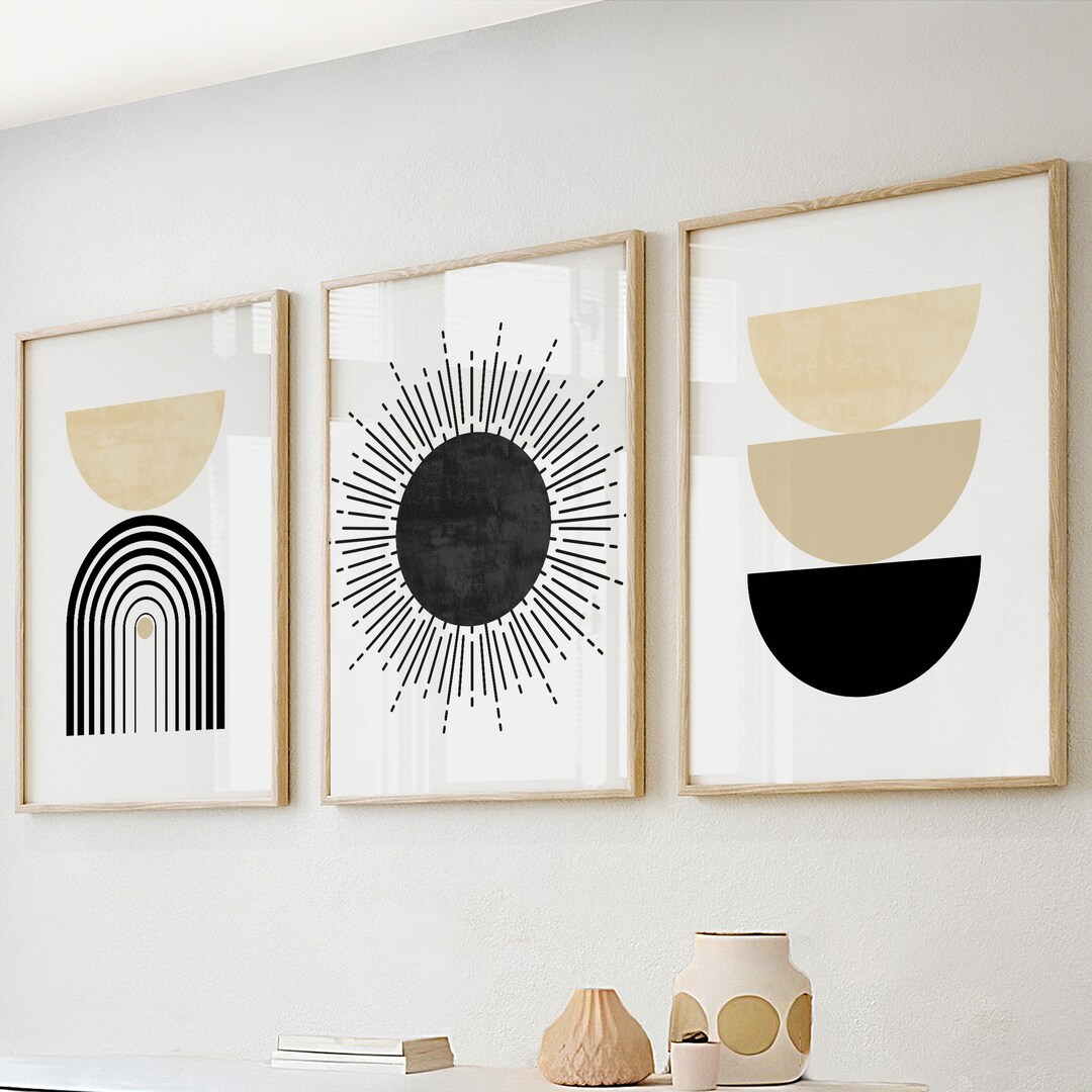 Black Beige Mid Century Modern Wall Art Set of 3 Print. Bohemian ...