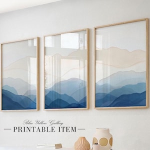 Conjunto de 3 artes para impressão de paisagens abstratas em bege azul-escuro. Montanhas nórdicas em tons pastel bege. Impressões de parede minimalistas e neutras em aquarela.