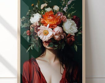 Emerald Green Abstract Woman Portrait Print. Female Flowers Abstract Painting, Figurative Art, People Painting Abstract Eclectic Prints