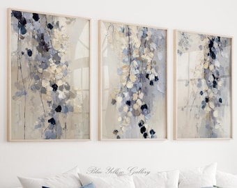Neutral Blue leaves Wall Art Set of 3, Modern Abstract Botanical Prints
