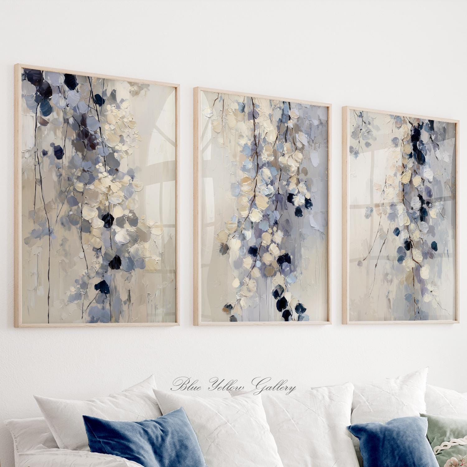 Neutral Blue Leaves Wall Art Set of 3, Modern Abstract Botanical Prints ...