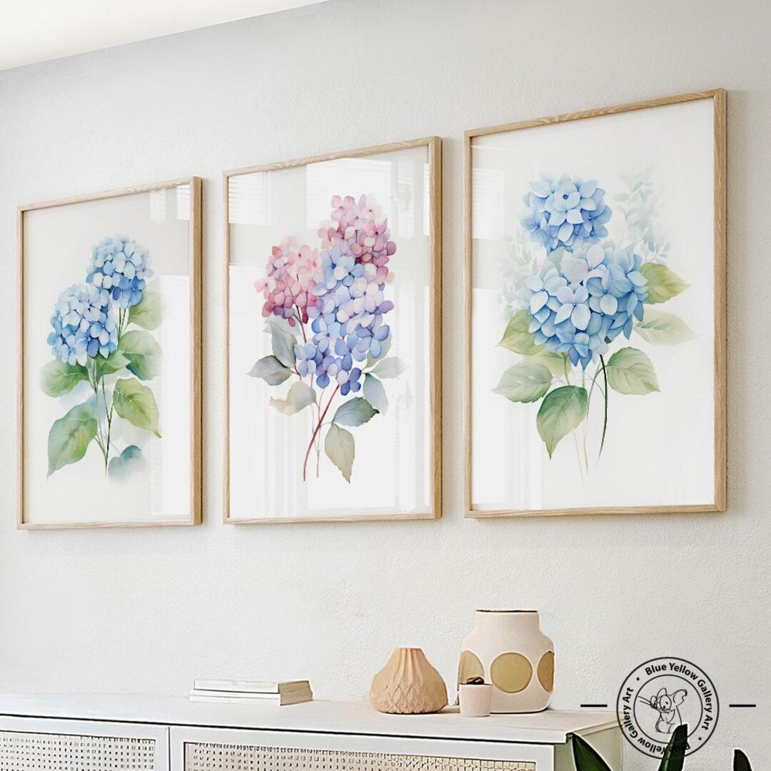 Hydrangea Wall Art Set of 3 Prints, Floral Painting. Neutral Botanical ...