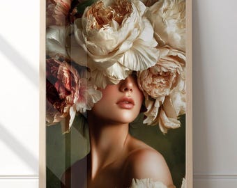 Floral Woman Wall Art, Romantic Flower Portrait Print, Large Feminine Wall Decor, Elegant Peony Artwork, Luxury Statement Art