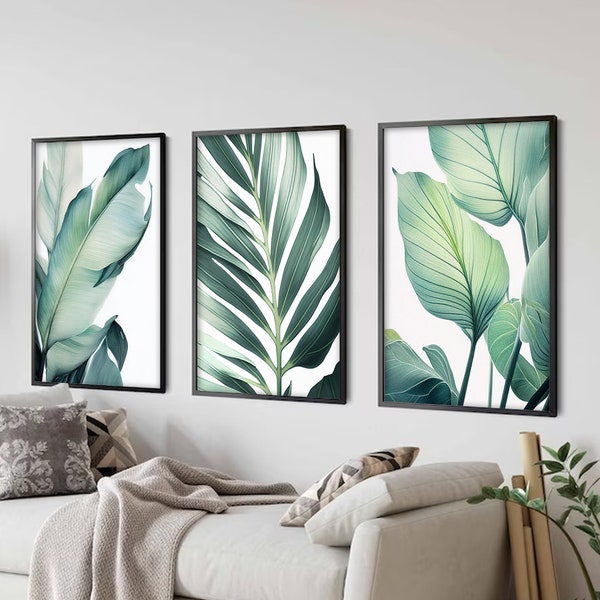 Green tropical palm leaves printable art set of 3. Modern botanical greenery gallery wall art prints. Nature wall art set