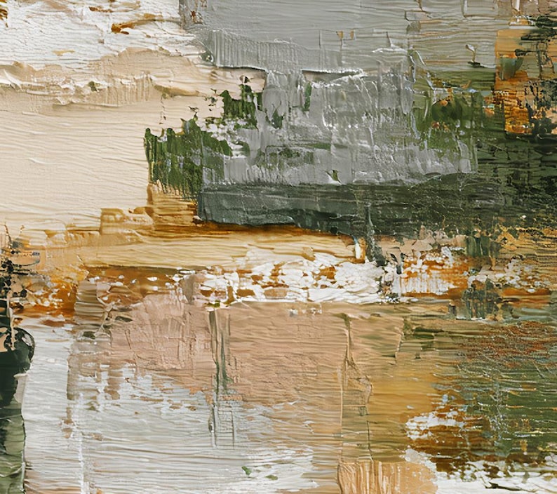 May include: Abstract oil painting with a textured surface. The artwork features a palette of earthy tones, including beige, brown, and green, with accents of white and gray. The brushstrokes are visible, creating a sense of depth and movement.