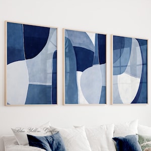 Navy Blue Abstract Wall Art Set of 3 Print. Modern Abstract Art for Living Room Decor, Brush Stroke Painting Print
