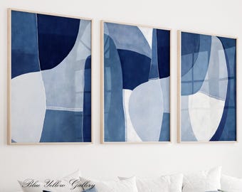 ネイビーブルーの抽象画3枚セット。特大ウォールアート、モダン抽象画、筆致の絵画プリント