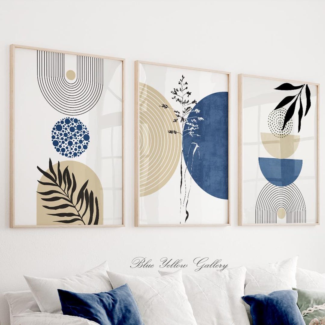 Navy Blue Abstract Boho Gallery Wall Set of 3 Prints. Mid Century ...