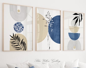 Navy Blue Abstract Boho Gallery Wall Set of 3 Prints. Mid Century Modern  Boho Wall Art, Large 3 Piece Eclectic Above Bed Art