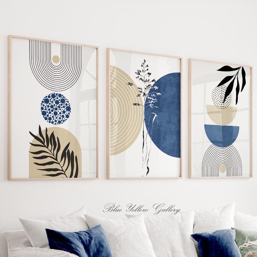Navy Blue Abstract Boho Gallery Wall Set of 3 Prints. Mid Century ...
