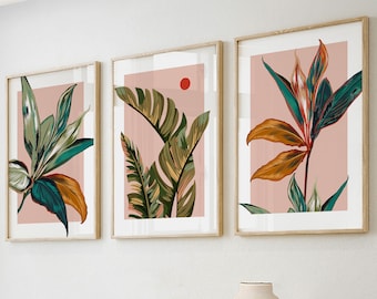 Colorful tropical leaves printable art set of 3. Modern botanical gallery wall art prints. Bright leaves above bed decor, girly wall art