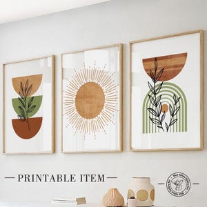 Printable green terracotta mid century modern wall art set of 3 print. Boho botanical poster Bohemian plants large gallery wall set